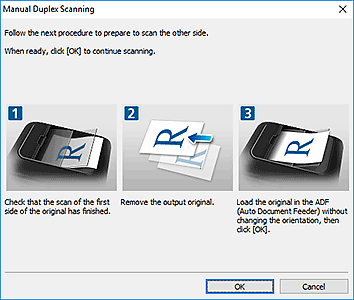 joonis: dialoogiboks Käsitsi kahepoolne skannimine (lühike serv)